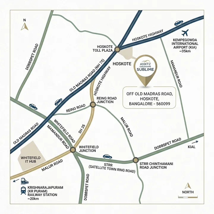 Location map showing Assetz Codename Sublime position off Old Madras Road near Cloverleaf Interchange in Hoskote